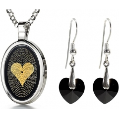 Love Jewelry Set I Love You Neckd in Miemstone Pendant and Black Crystal Heart Dangle Earrings for Women, 18" Rolo 