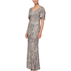 Alex Evenings Women's Long Sequin Dress with Flutter Sleeves