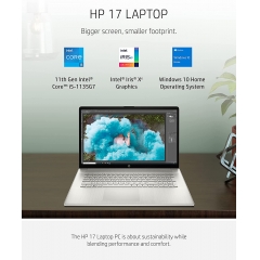 HP 惠普 17 笔记本电脑、第 11 代 Intel Core i5-1135G7、8 GB RAM、256 GB SSD 存储、17.3 英寸 HD+ 显示屏、Windows 10 Home、防眩光屏幕、长电池寿命、网络摄像头和双麦克风