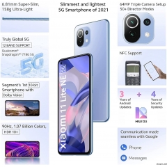 Xiaomi 小米 Mi 11 Lite 5G NE 解锁手机,5G + 4G 伏特智能手机,8GB+128GB,6.5英寸FHD+AMOLED点显示屏,64MP+8MP+5MP 三重摄像头,4250mAh 33W快速充电,仅GSM,蓝色